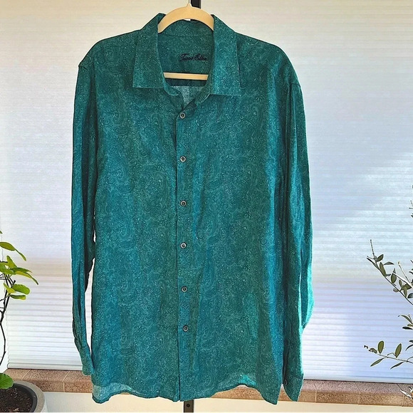 Tasso Elba Classic Paisley Linen Shirt Teal Blue XL Spring Vacation Coastal - Picture 1 of 4